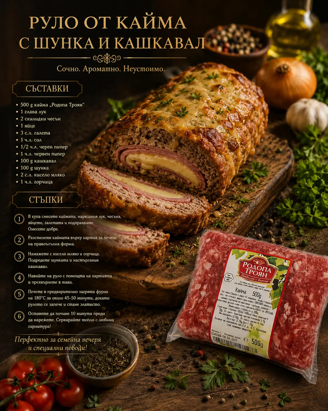 Руло от кайма с шунка и кашкавал